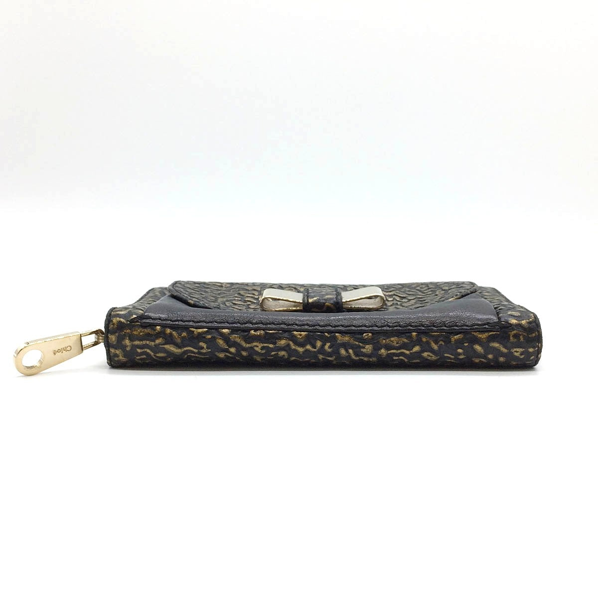 Chloe Lily Long Wallet Round Zipper Ribbon Leather Black x Gold