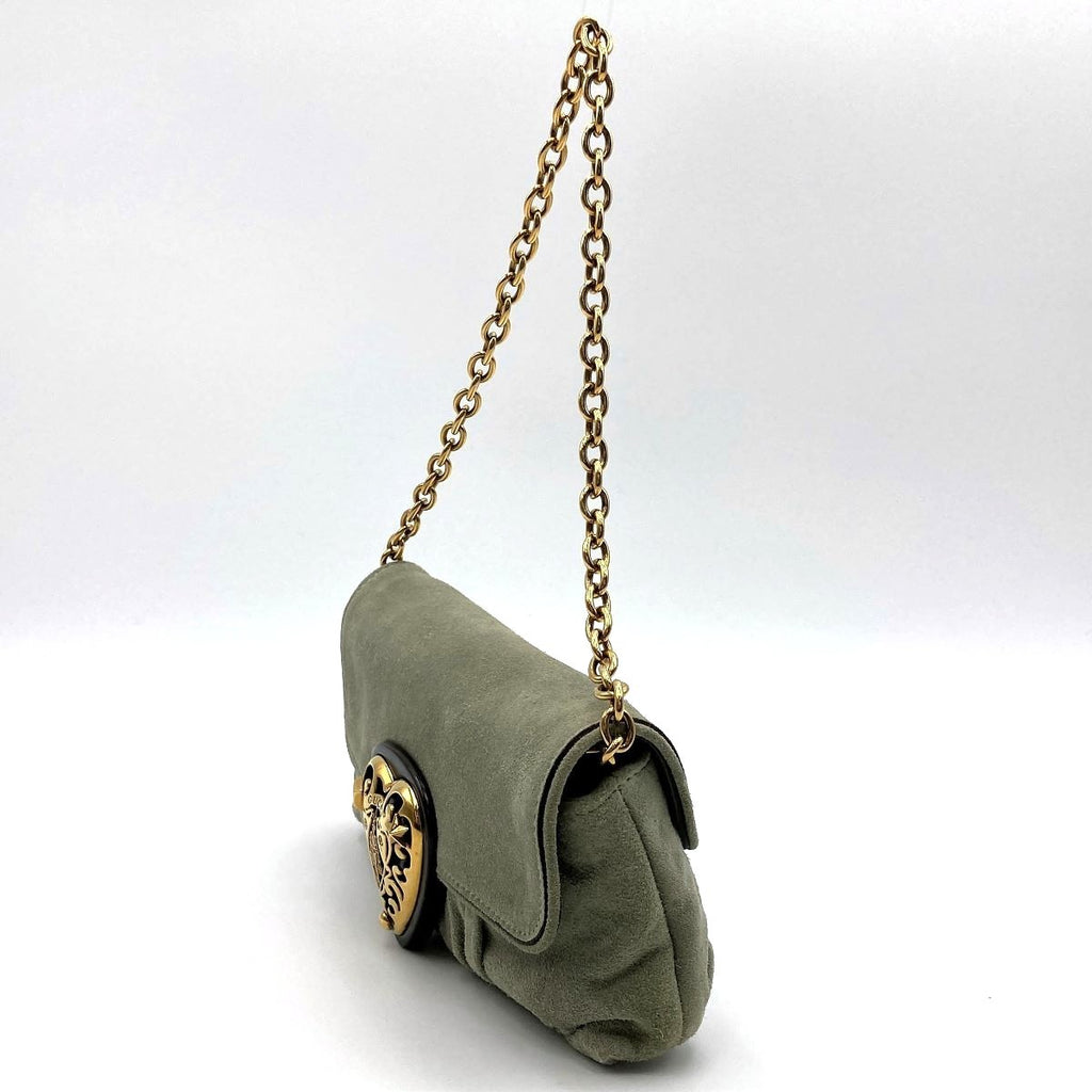 Gucci 208710 Hysteria Handbag in Gold Chain and Green Suede
