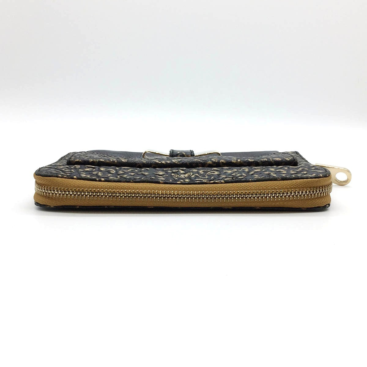 Chloe Lily Long Wallet Round Zipper Ribbon Leather Black x Gold
