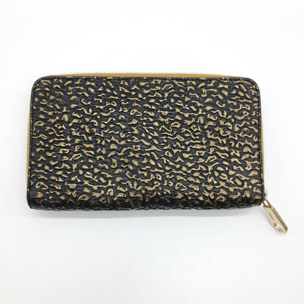 Chloe Lily Long Wallet Round Zipper Ribbon Leather Black x Gold