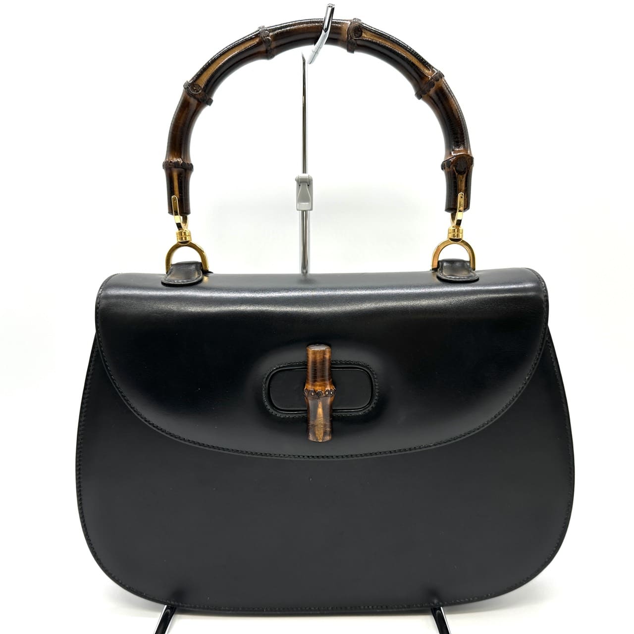 GUCCI 000 46 Bamboo Handbag Leather Black Old Gucci Vintage Women's
