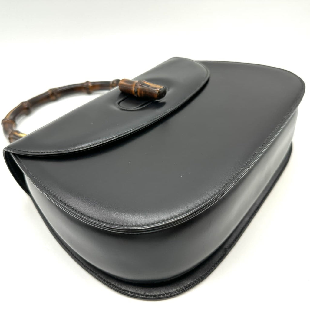 GUCCI 000 46 Bamboo Handbag Leather Black Old Gucci Vintage Women's