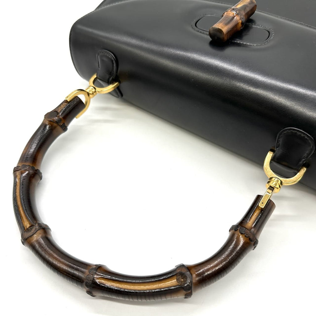 GUCCI 000 46 Bamboo Handbag Leather Black Old Gucci Vintage Women's