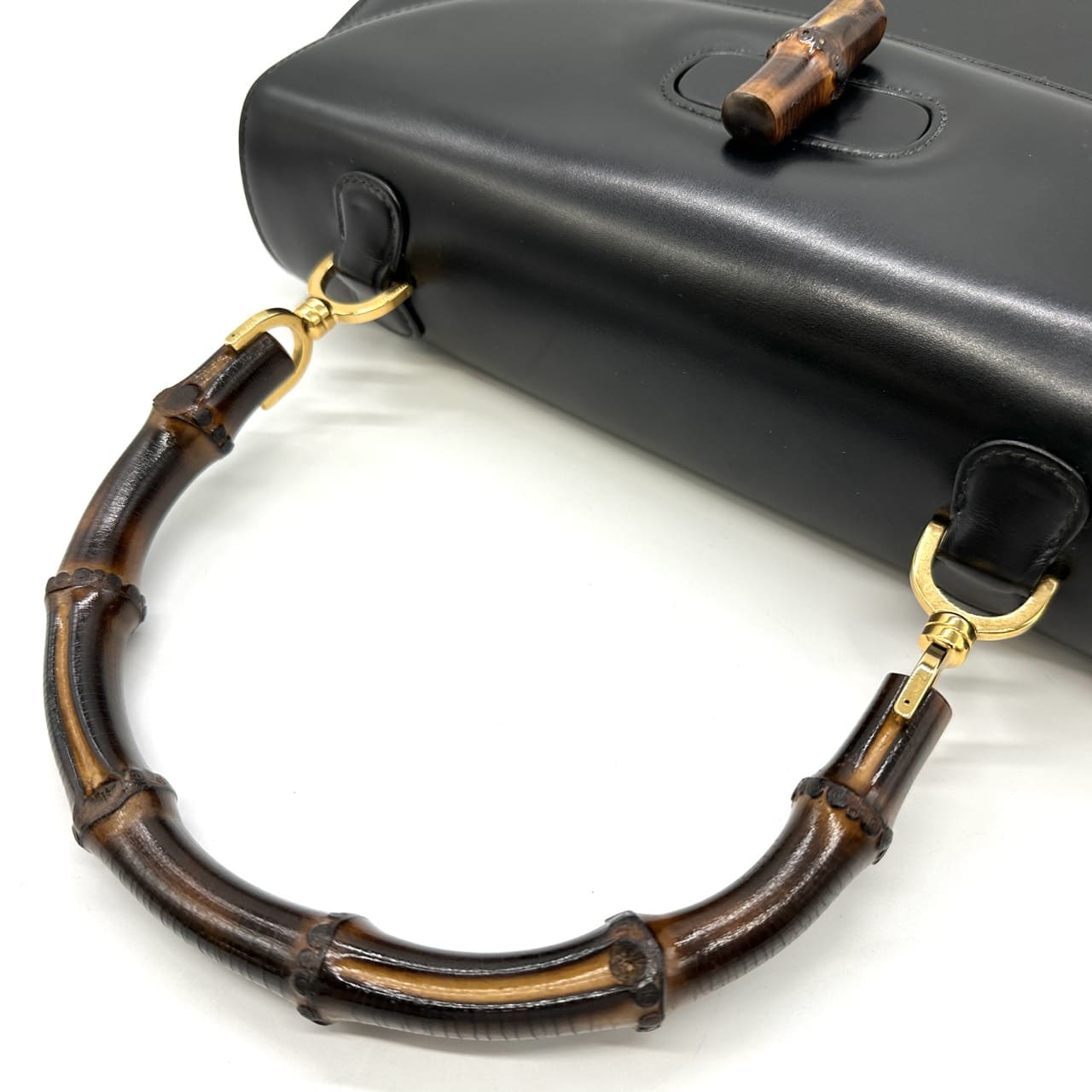 GUCCI 000 46 Bamboo Handbag Leather Black Old Gucci Vintage Women's