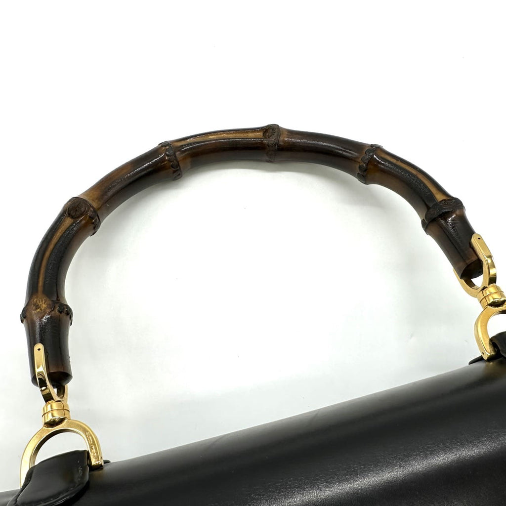 GUCCI 000 46 Bamboo Handbag Leather Black Old Gucci Vintage Women's