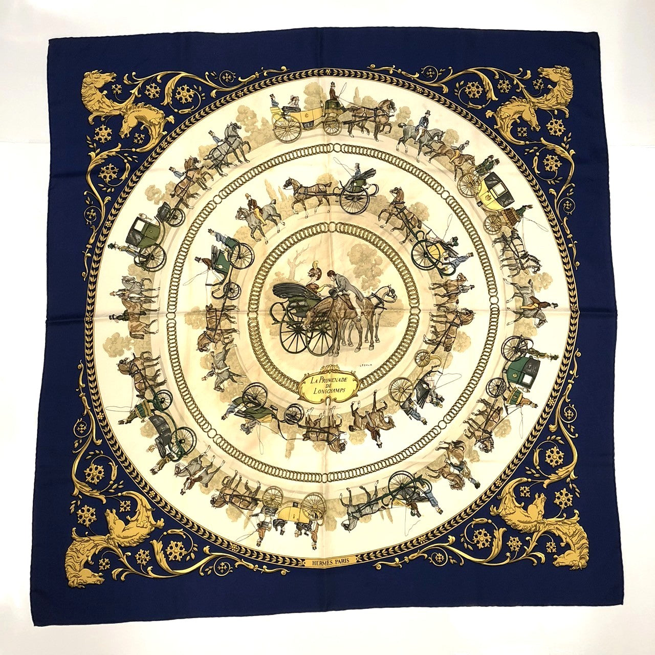 HERMES Carre 90 LA PROMENADE DE LONGCHAMPS (A Walk to Longchamp) Silk Scarf, Navy, Women's PRE-OWNED