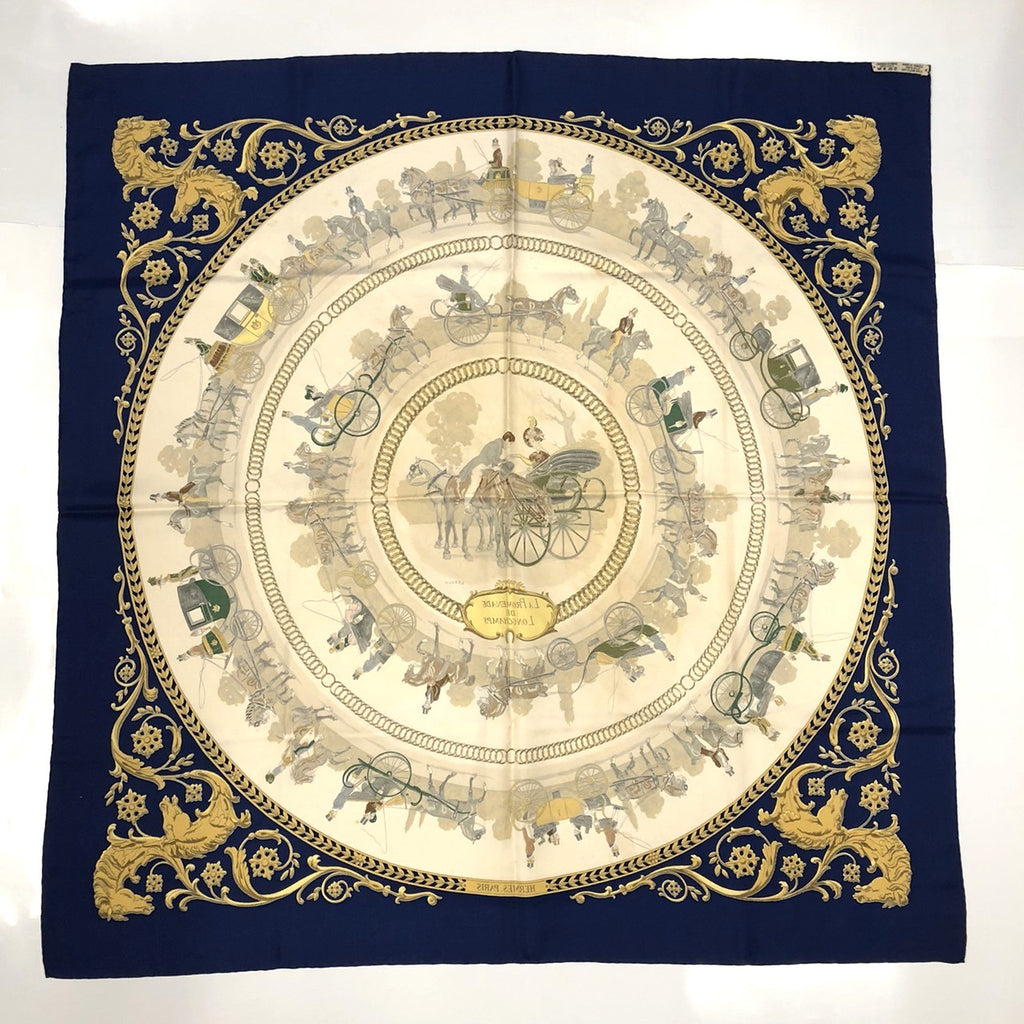 HERMES Carre 90 LA PROMENADE DE LONGCHAMPS (A Walk to Longchamp) Silk Scarf, Navy, Women's PRE-OWNED