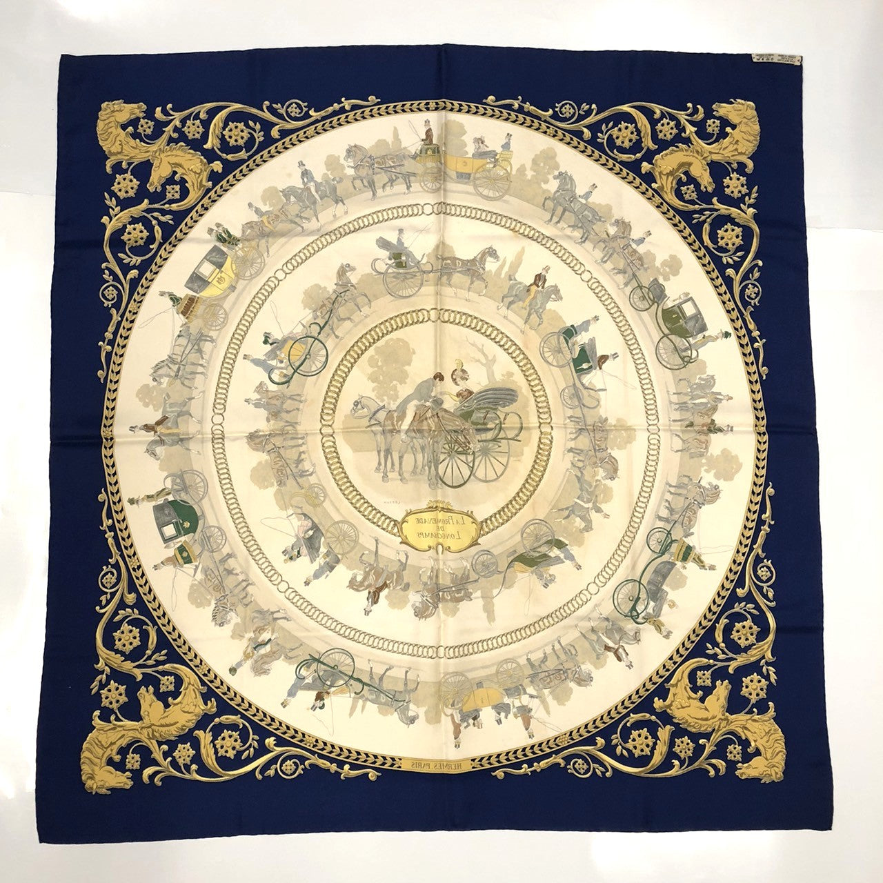 HERMES Carre 90 LA PROMENADE DE LONGCHAMPS (A Walk to Longchamp) Silk Scarf, Navy, Women's PRE-OWNED