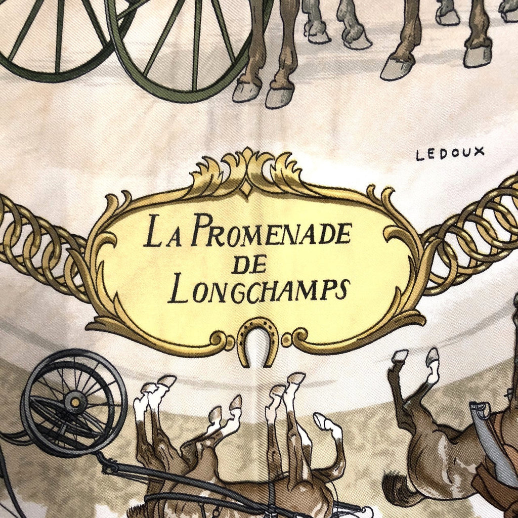 HERMES Carre 90 LA PROMENADE DE LONGCHAMPS (A Walk to Longchamp) Silk Scarf, Navy, Women's PRE-OWNED