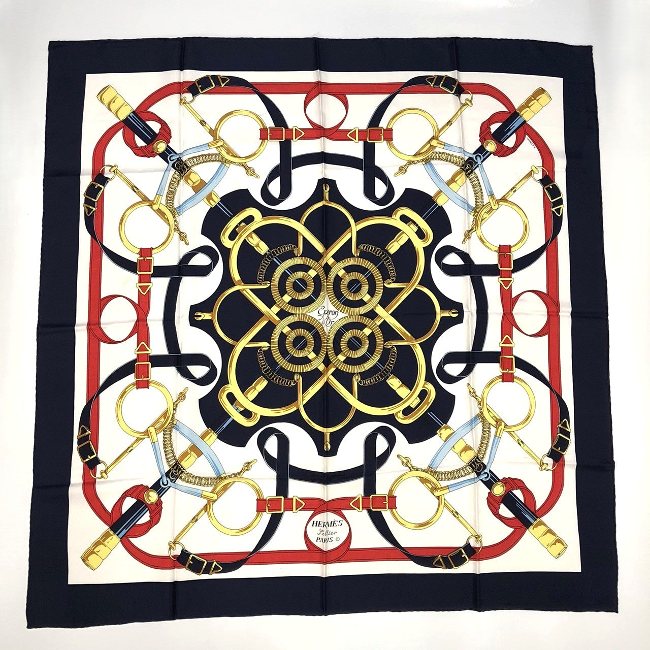 HERMES Carre 90 Eperon dor (Golden Spur) Silk Scarf, Navy, Women's PRE-OWNED