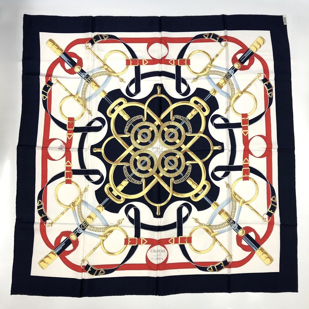 HERMES Carre 90 Eperon dor (Golden Spur) Silk Scarf, Navy, Women's PRE-OWNED