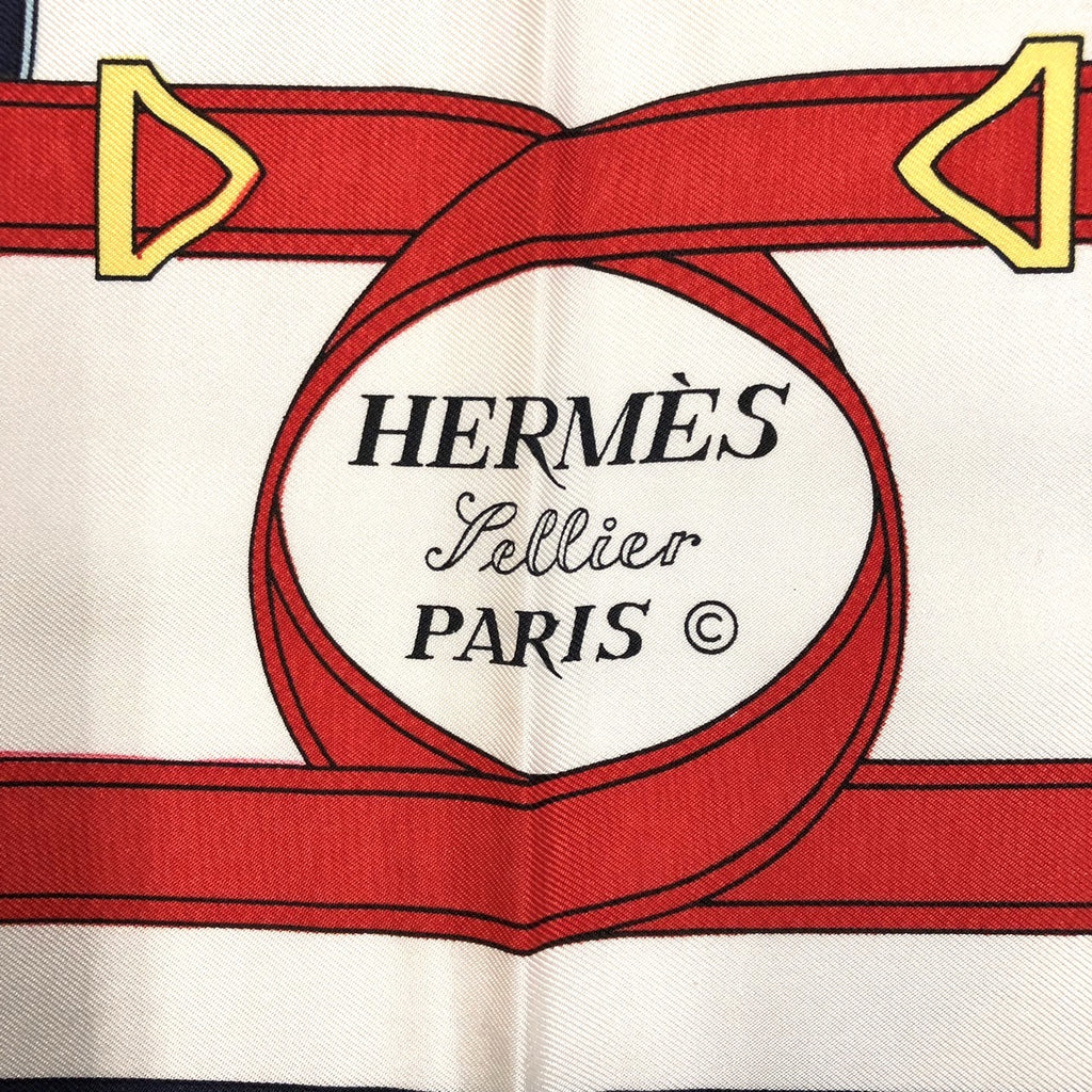 HERMES Carre 90 Eperon dor (Golden Spur) Silk Scarf, Navy, Women's PRE-OWNED