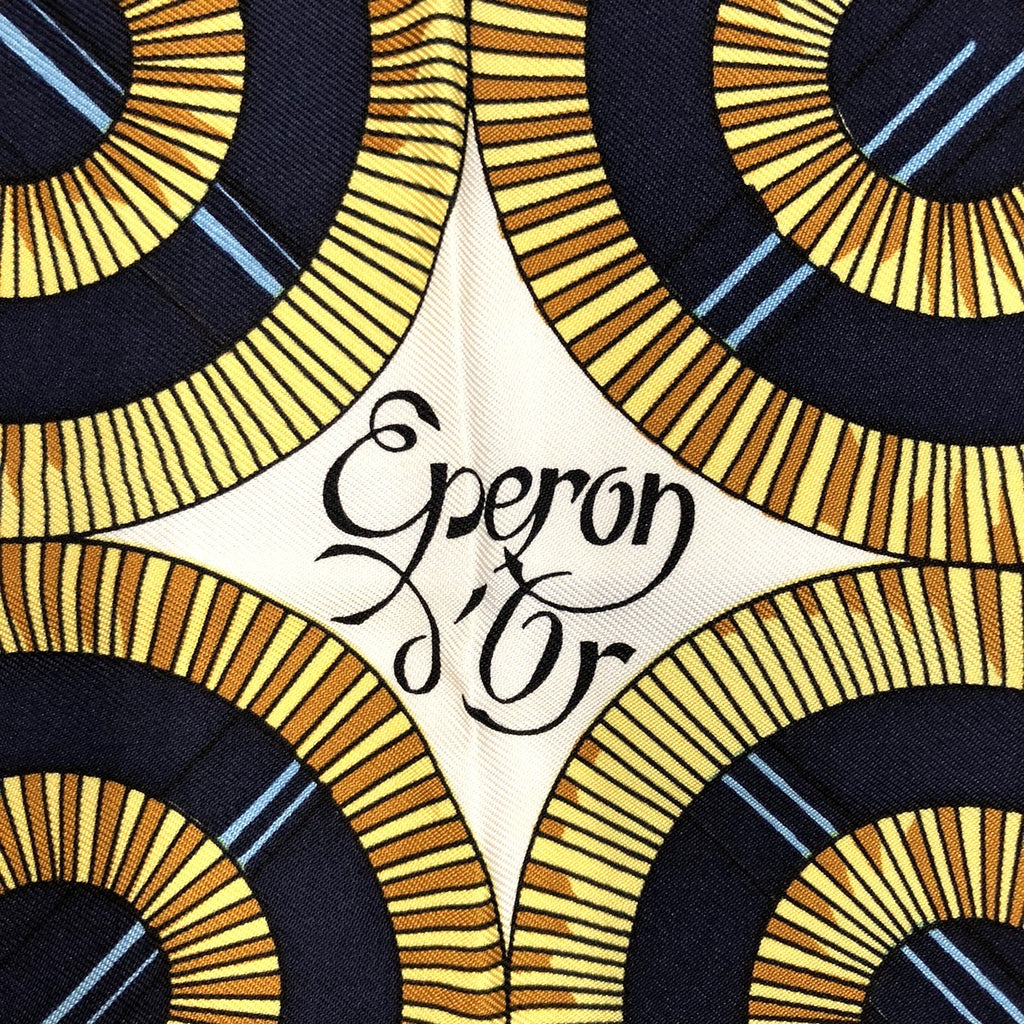 HERMES Carre 90 Eperon dor (Golden Spur) Silk Scarf, Navy, Women's PRE-OWNED