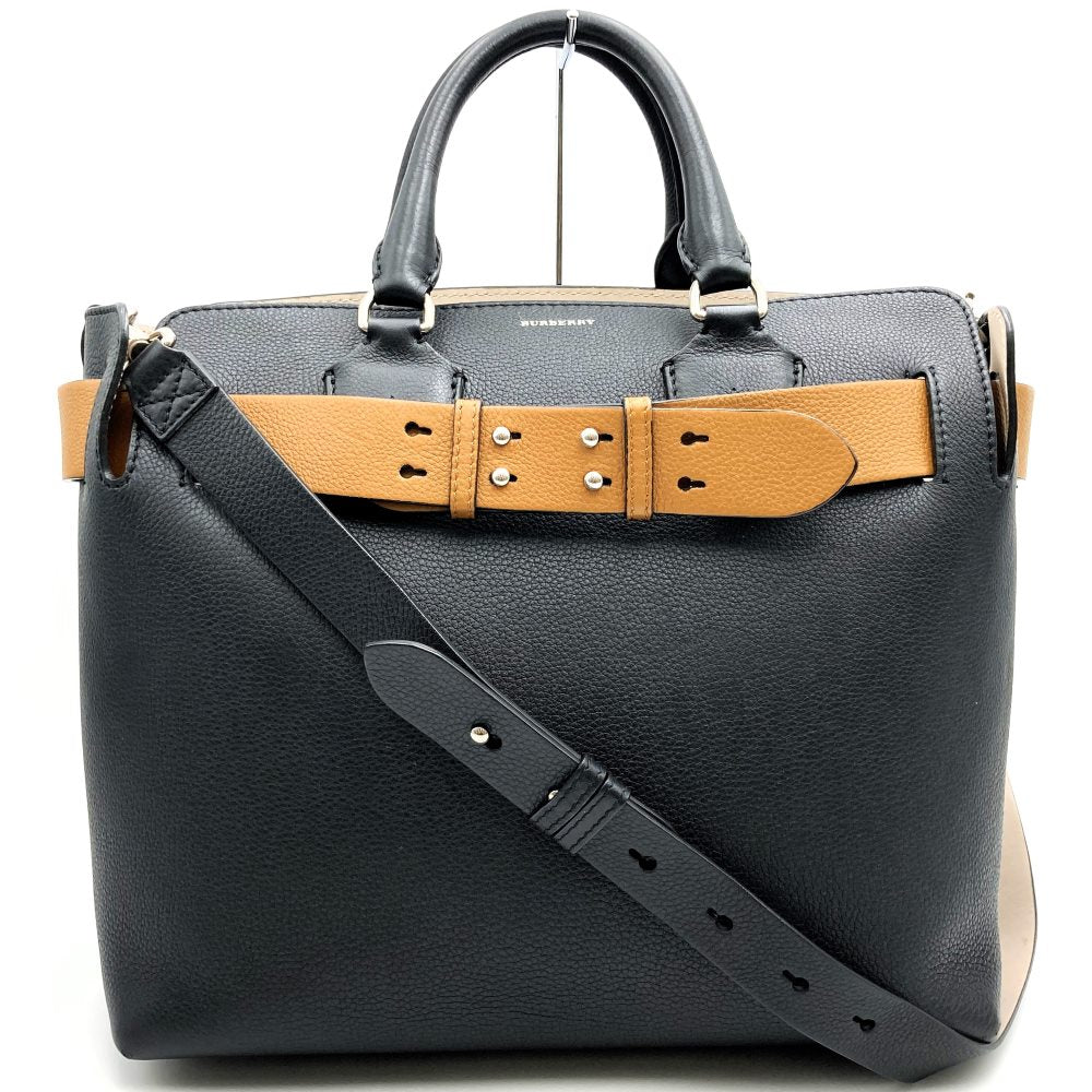 BURBERRY belt handbag, tote bag, shoulder bag, 2-way leather, black, beige PRE-OWNED