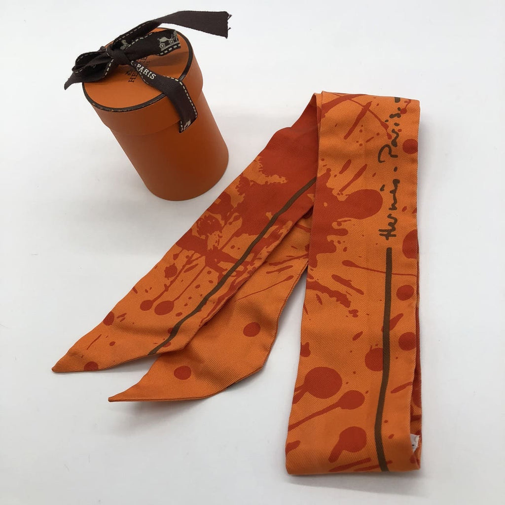 HERMES Twilly Bolduc Ribbon Paint Silk Scarf, Orange, Women's Fashion Brand, PRE-OWNED