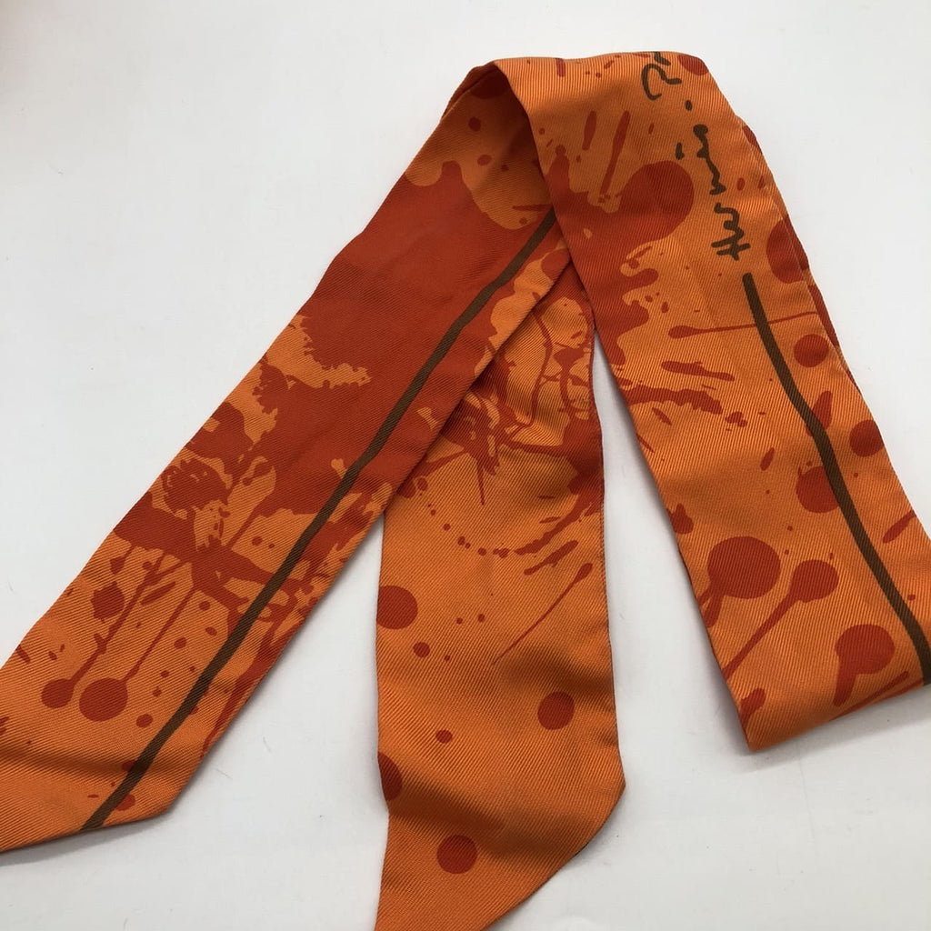HERMES Twilly Bolduc Ribbon Paint Silk Scarf, Orange, Women's Fashion Brand, PRE-OWNED