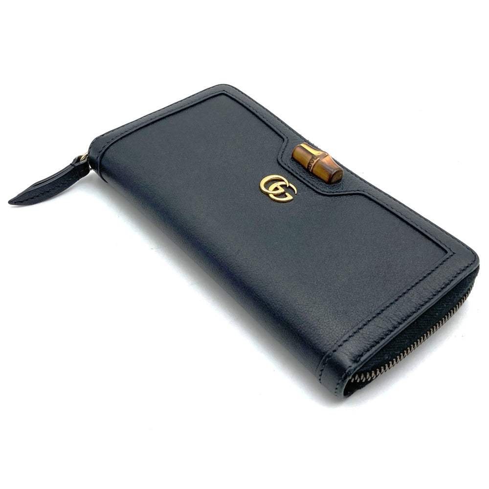 GUCCI 658634 Bamboo Double G Round Zip Leather Long Wallet, Black PRE-OWNED