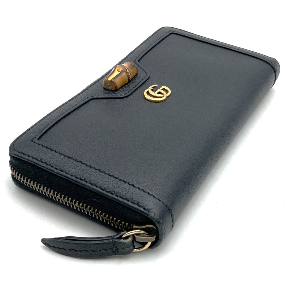 GUCCI 658634 Bamboo Double G Round Zip Leather Long Wallet, Black PRE-OWNED