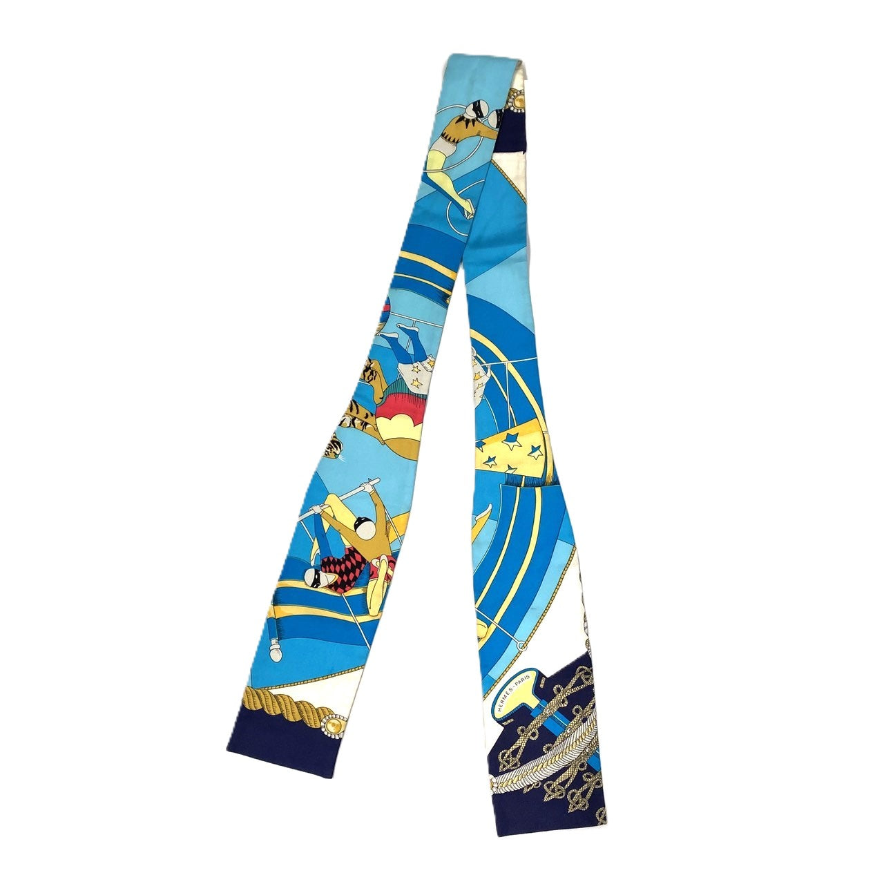 HERMES Twilly Scarf, Circus Design, Silk, Blue, Women's Fashion Brand, PRE-OWNED