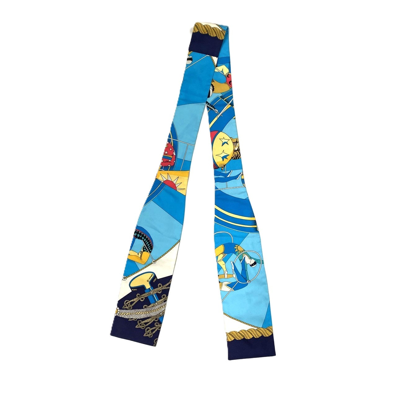 HERMES Twilly Scarf, Circus Design, Silk, Blue, Women's Fashion Brand, PRE-OWNED