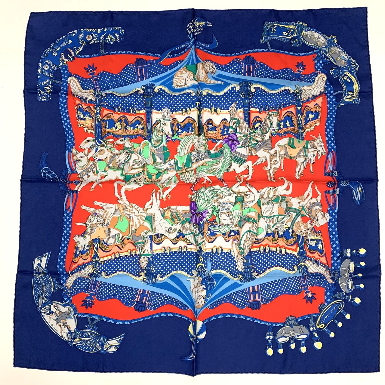 HERMES Carre TOURNEZ MANEGE Scarf, Silk, Blue, Women's Fashion Accessory, Merry-go-round Animal Design PRE-OWNED