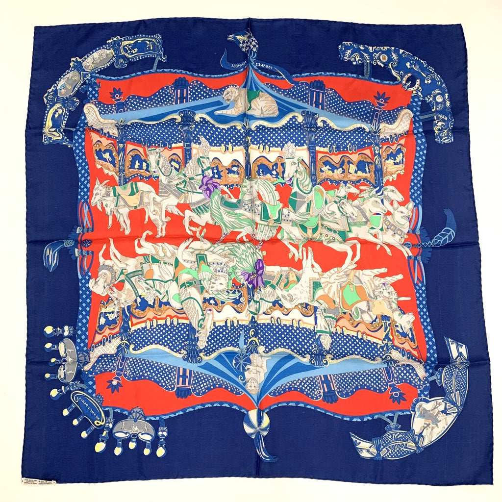 HERMES Carre TOURNEZ MANEGE Scarf, Silk, Blue, Women's Fashion Accessory, Merry-go-round Animal Design PRE-OWNED