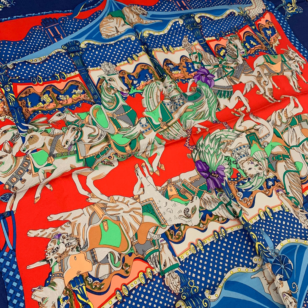 HERMES Carre TOURNEZ MANEGE Scarf, Silk, Blue, Women's Fashion Accessory, Merry-go-round Animal Design PRE-OWNED