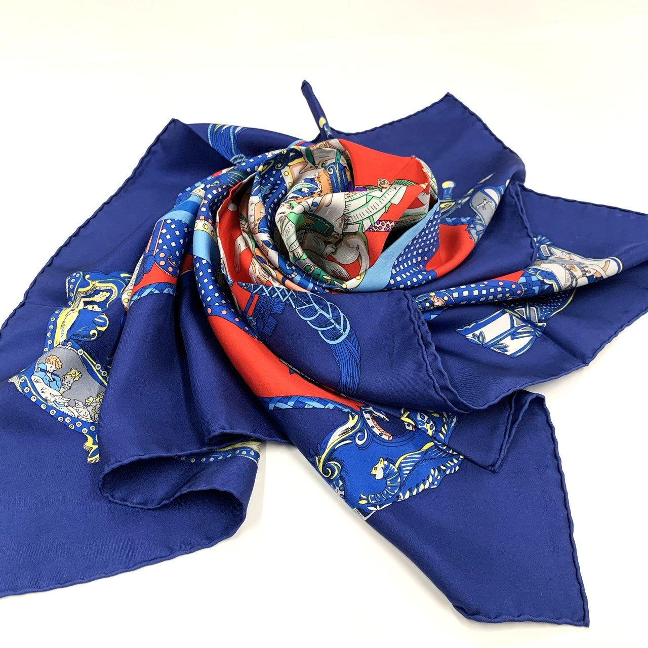 HERMES Carre TOURNEZ MANEGE Scarf, Silk, Blue, Women's Fashion Accessory, Merry-go-round Animal Design PRE-OWNED