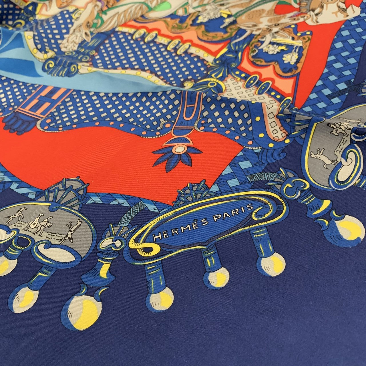 HERMES Carre TOURNEZ MANEGE Scarf, Silk, Blue, Women's Fashion Accessory, Merry-go-round Animal Design PRE-OWNED