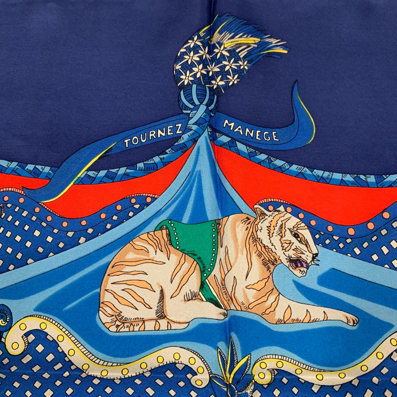 HERMES Carre TOURNEZ MANEGE Scarf, Silk, Blue, Women's Fashion Accessory, Merry-go-round Animal Design PRE-OWNED
