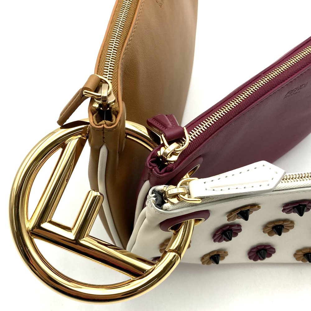 FENDI Triplet 8BS001A1FS 3-Pouch Leather Clutch Bag with Flowers in White/Red/Brown, Women's