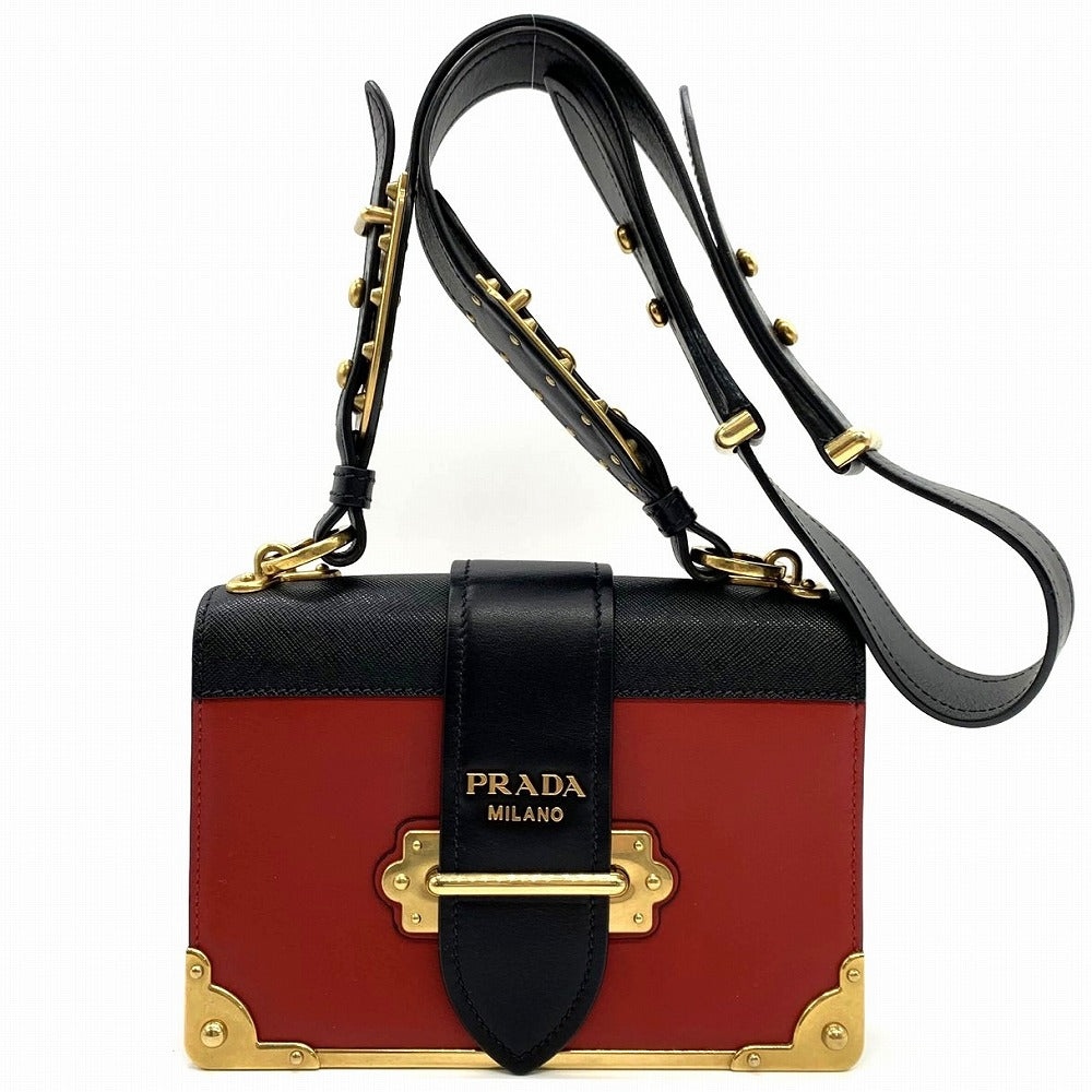 PRADA Cahier Mini Shoulder Bag in Saffiano Leather, Red/Black/Gold, Women's Fashion