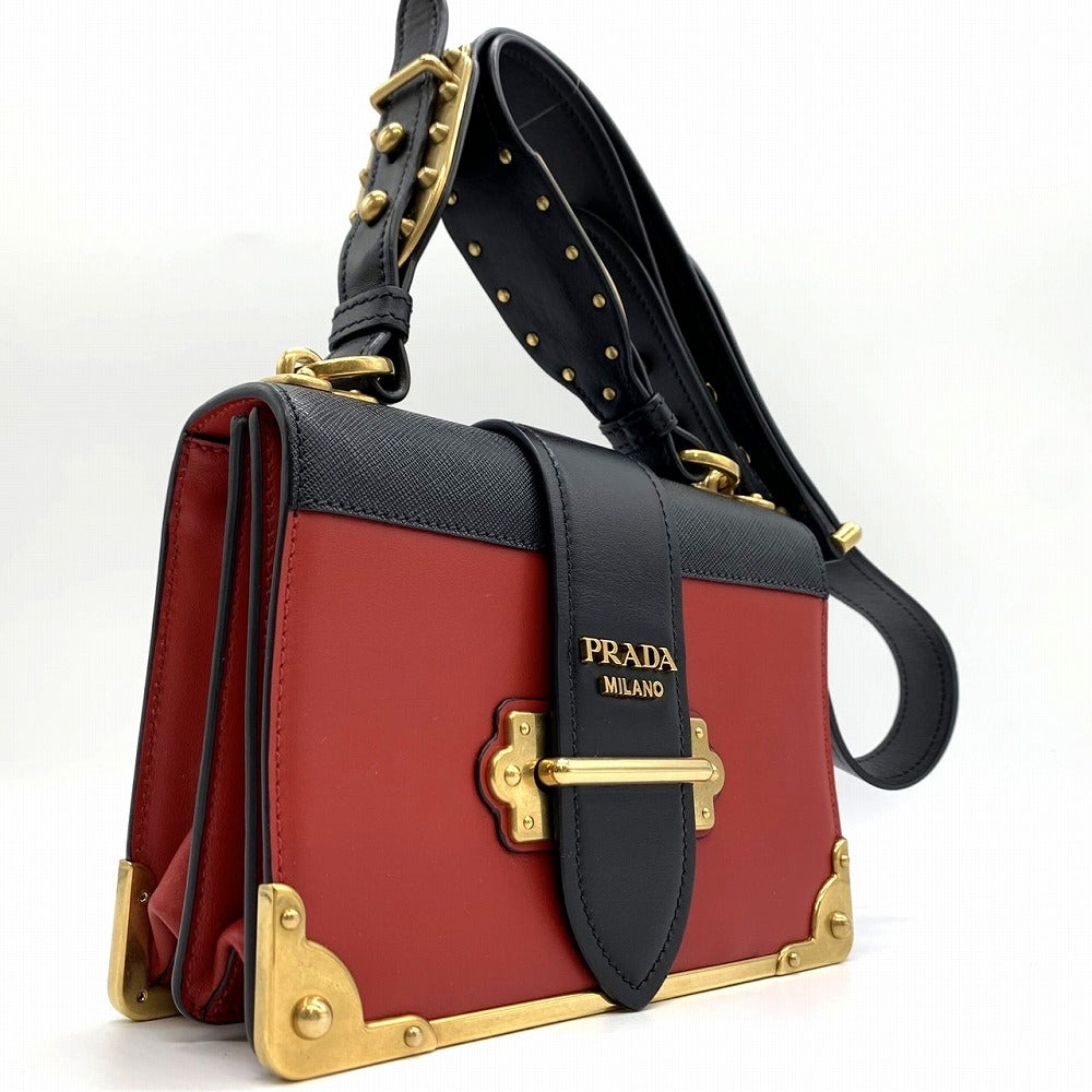PRADA Cahier Mini Shoulder Bag in Saffiano Leather, Red/Black/Gold, Women's Fashion