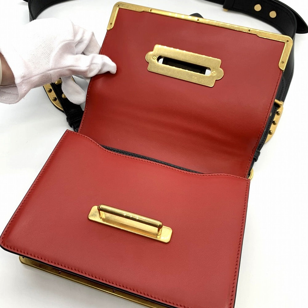 PRADA Cahier Mini Shoulder Bag in Saffiano Leather, Red/Black/Gold, Women's Fashion