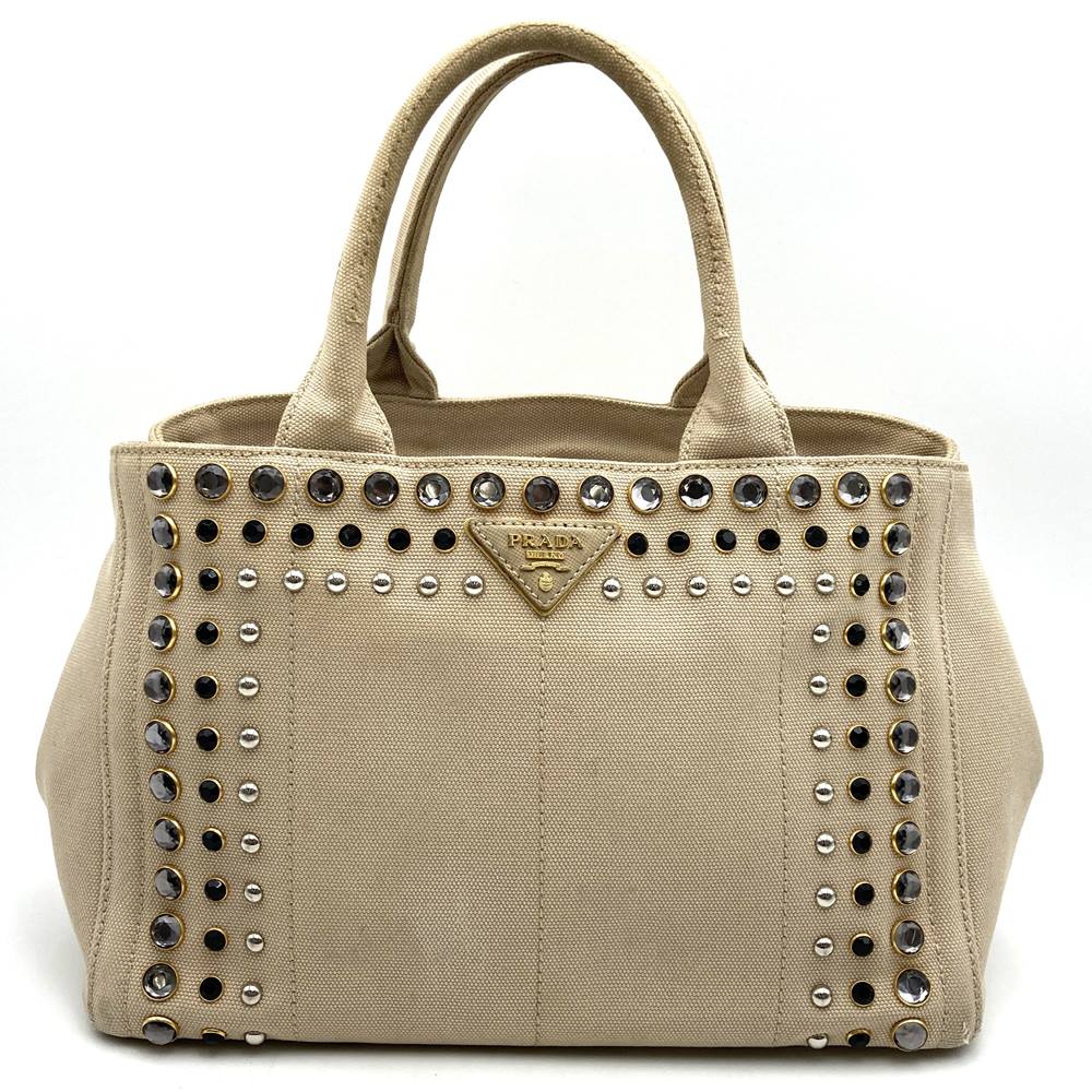 PRADA Prada Canapa Beaded Tote Bag Handbag Stud Canvas Beige Ivory Women's
