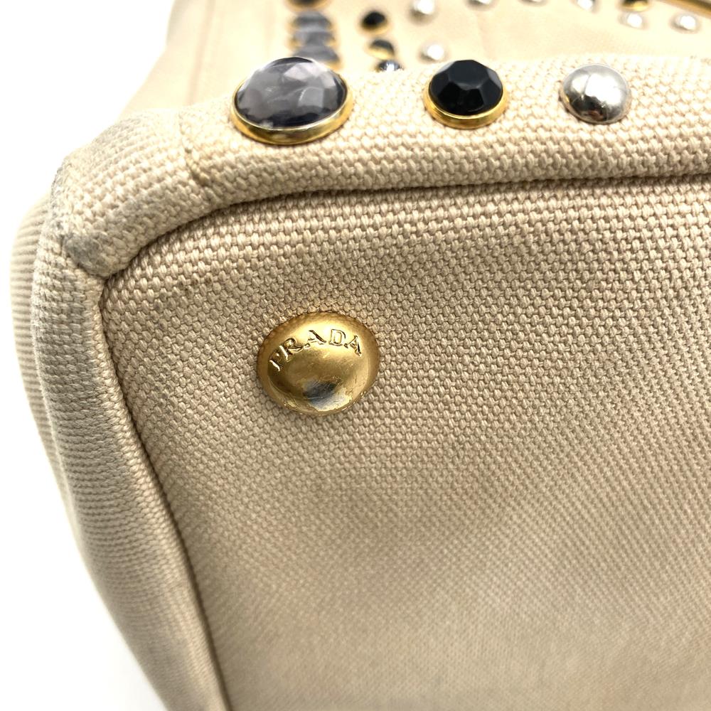 PRADA Prada Canapa Beaded Tote Bag Handbag Stud Canvas Beige Ivory Women's