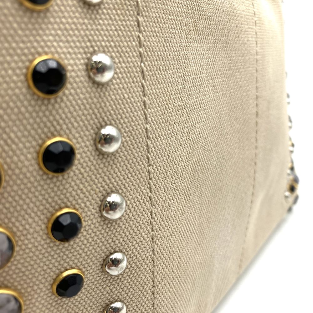 PRADA Prada Canapa Beaded Tote Bag Handbag Stud Canvas Beige Ivory Women's