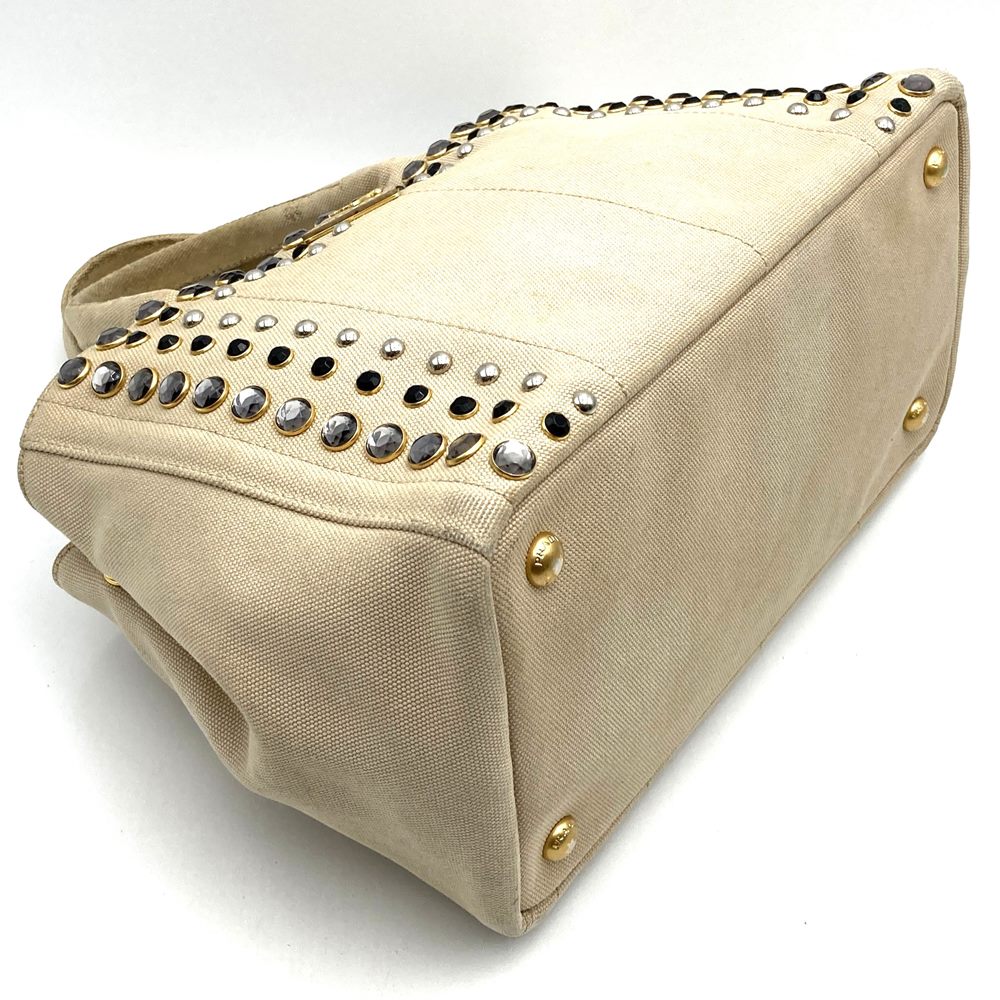 PRADA Prada Canapa Beaded Tote Bag Handbag Stud Canvas Beige Ivory Women's