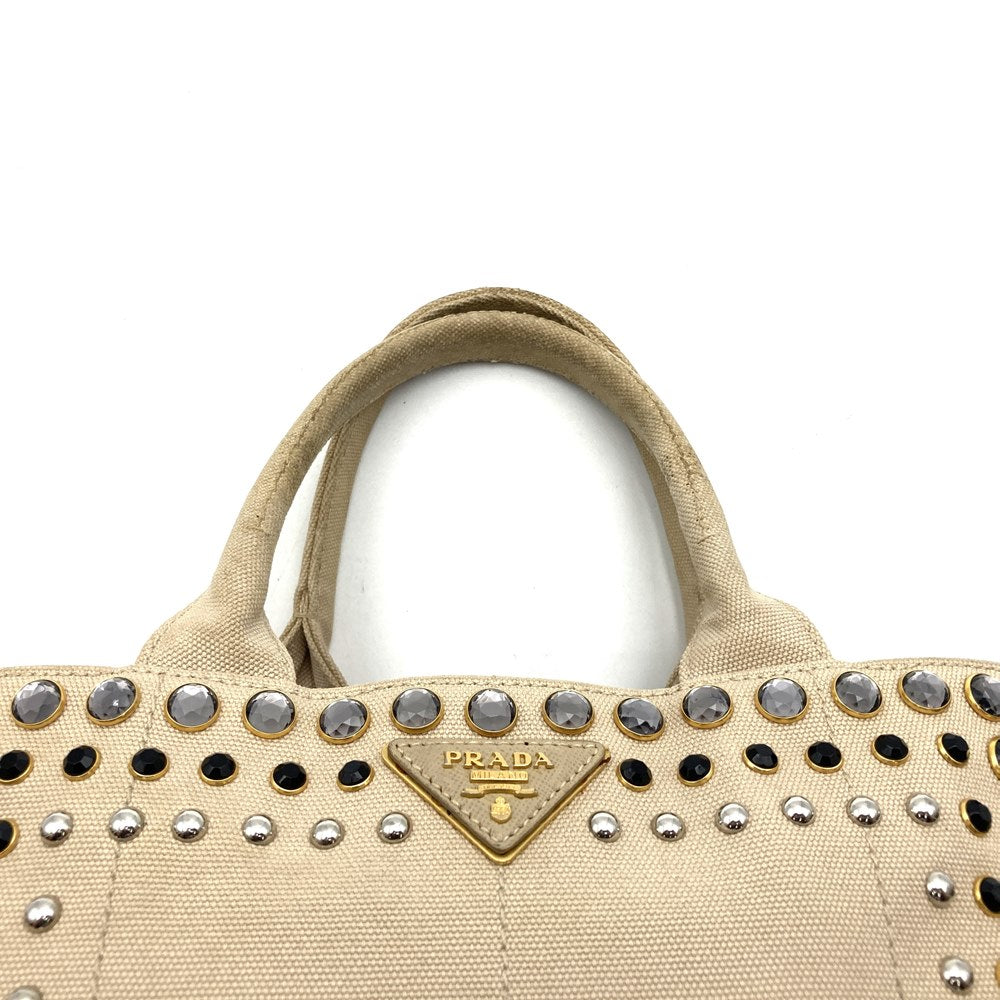 PRADA Prada Canapa Beaded Tote Bag Handbag Stud Canvas Beige Ivory Women's