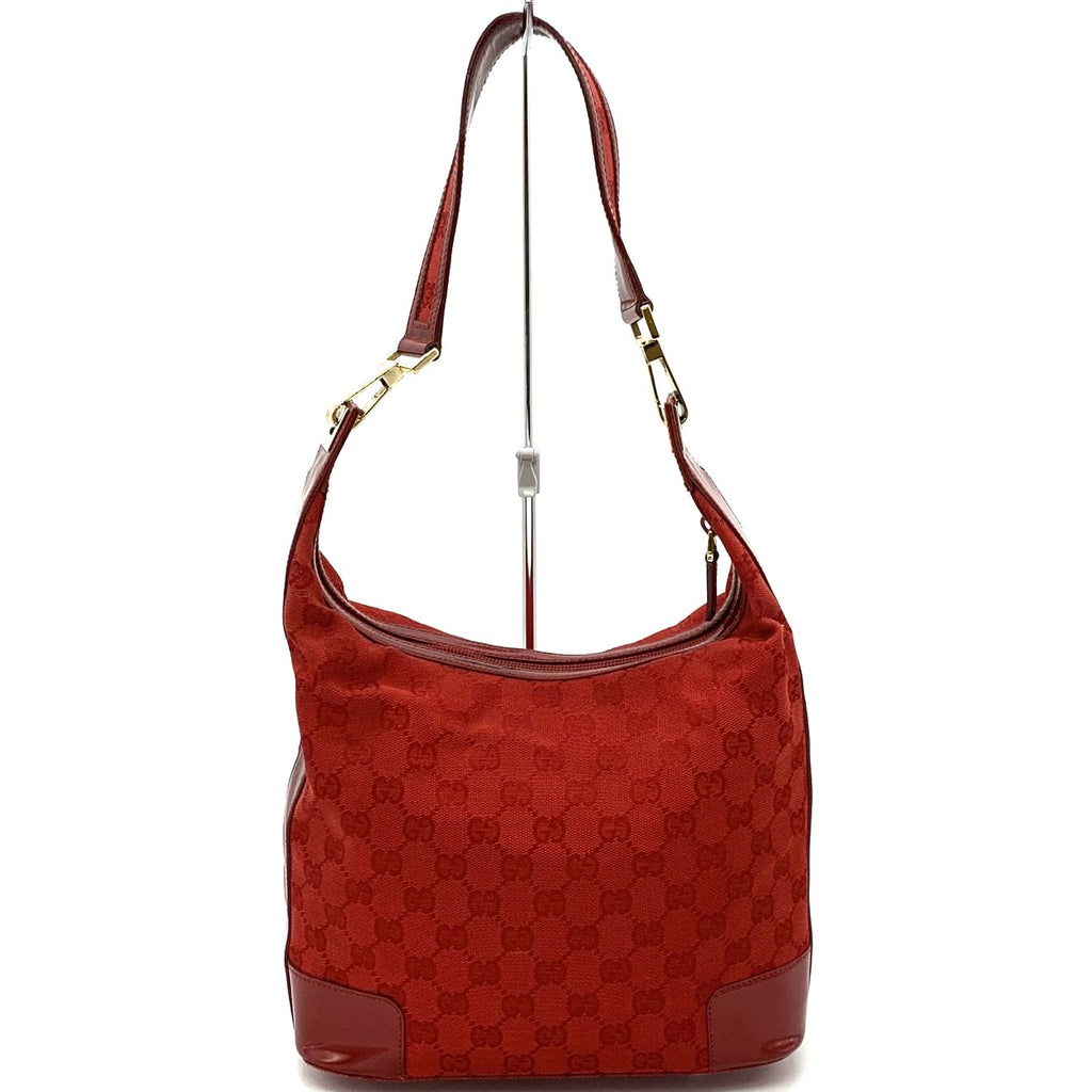 GUCCI 001 4204 Shoulder Bag GG Canvas Leather Red Women's PRE-OWNED
