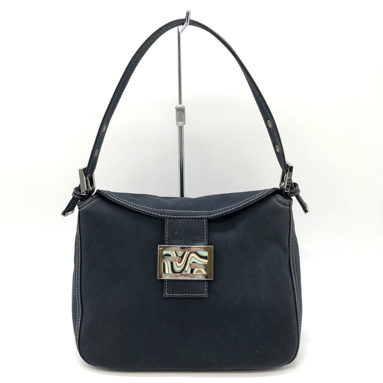 FENDI Mamma Bucket Marble Shoulder Bag Handbag Canvas Navy Denim Women's