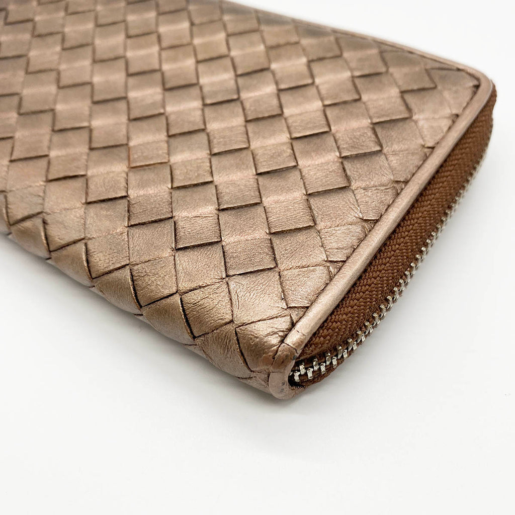 BOTTEGA VENETA Bottega Veneta Intrecciato Long Wallet, Round Zipper, Leather, Bronze, Brown, Gold, Women's Fashion