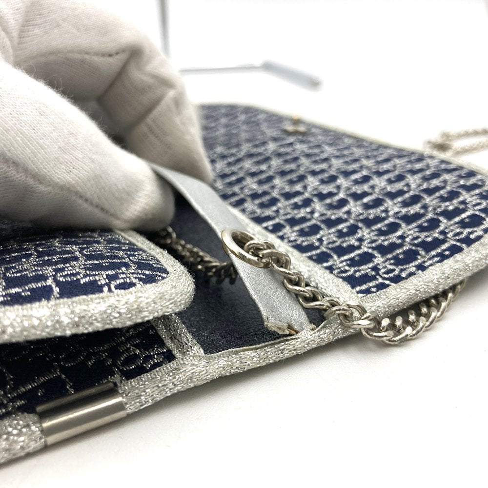 Christian Dior Chain Shoulder Bag, Lamé Canvas, Navy, Women's