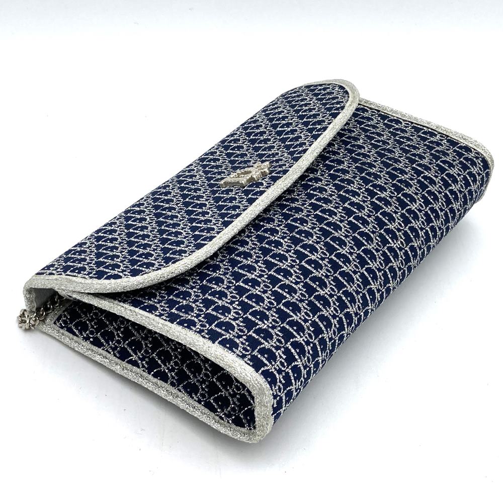 Christian Dior Chain Shoulder Bag, Lamé Canvas, Navy, Women's