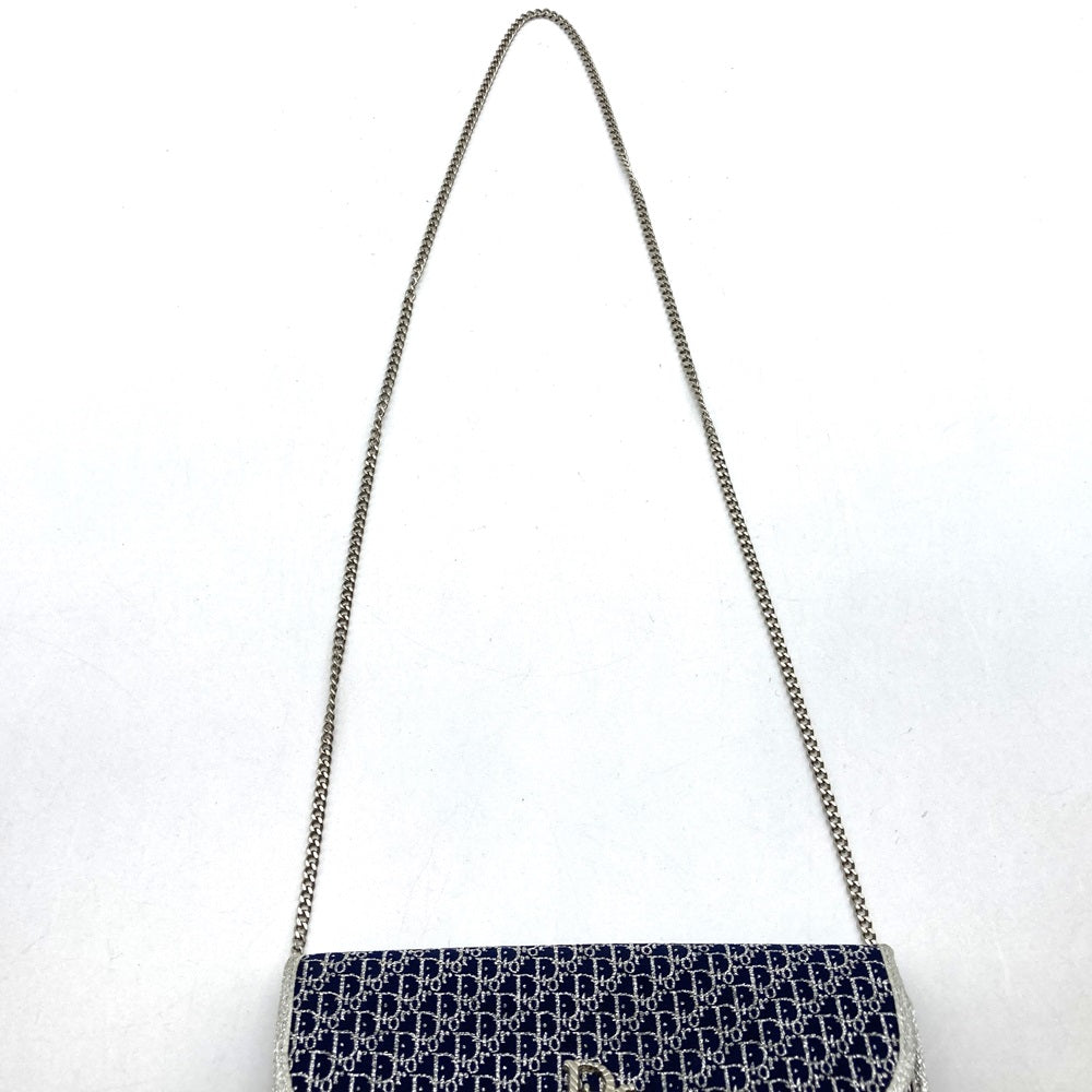 Christian Dior Chain Shoulder Bag, Lamé Canvas, Navy, Women's
