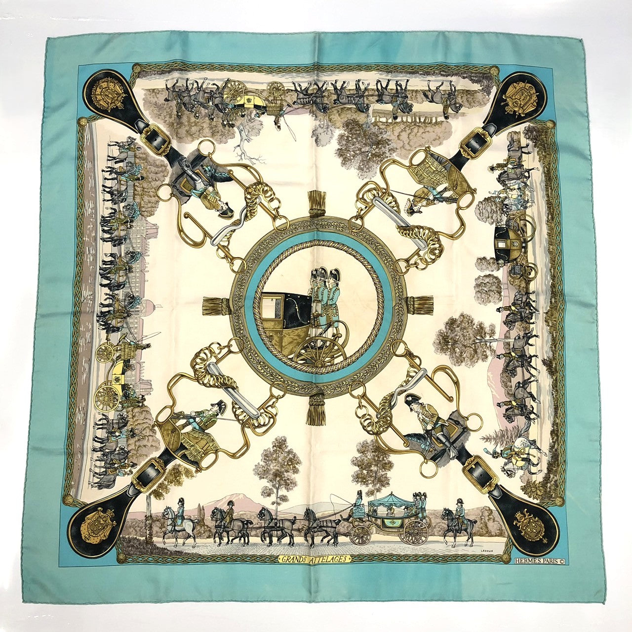 HERMES Carre 90 GRANDS ATTELAGES (Horses in Attire) Silk Scarf, Green, Women's PRE-OWNED