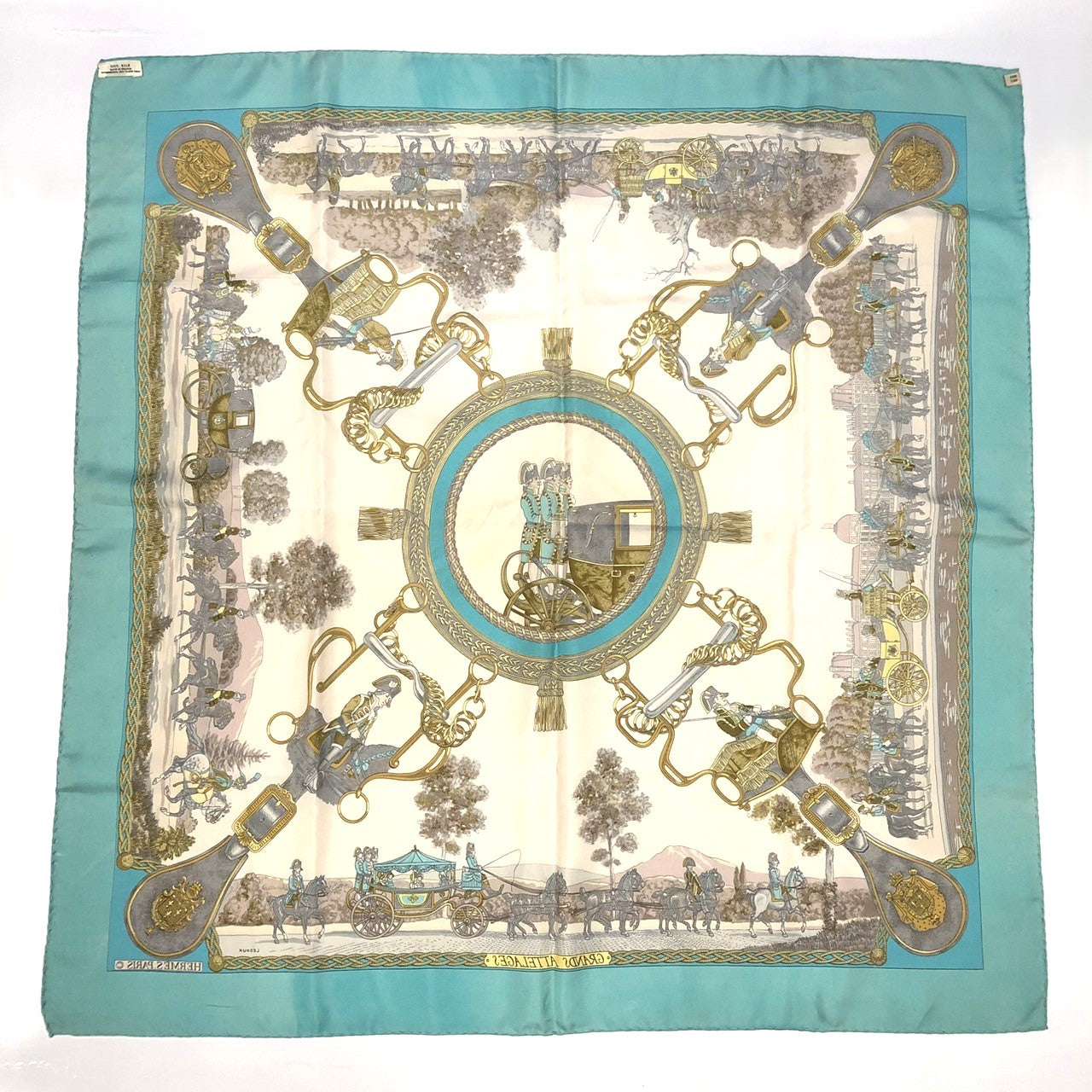 HERMES Carre 90 GRANDS ATTELAGES (Horses in Attire) Silk Scarf, Green, Women's PRE-OWNED