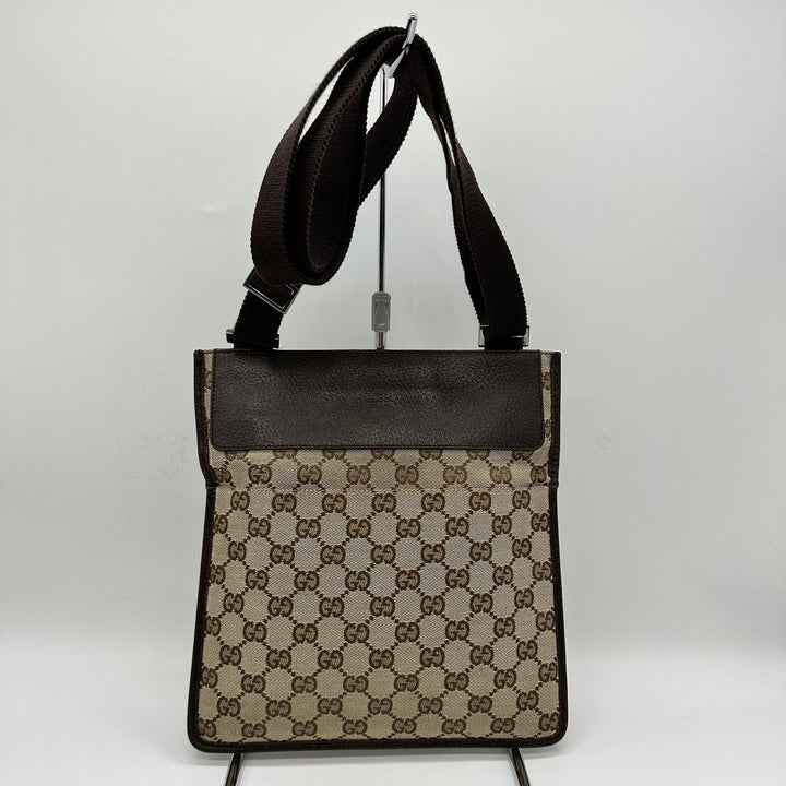 Gucci 27639 GG line diagonal shoulder bag canvas and leather brown brown thin