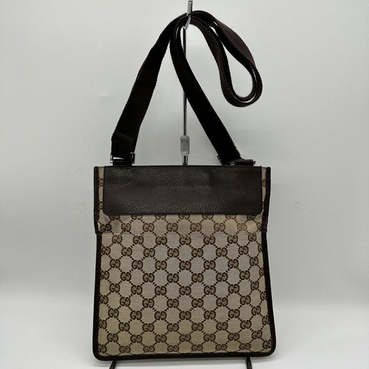 Gucci 27639 GG line diagonal shoulder bag canvas and leather brown brown thin