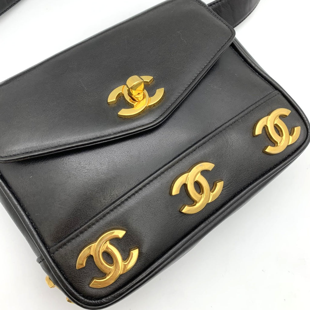 CHANEL Triple Coco Mark Leather Waist Bag, Black, Women's